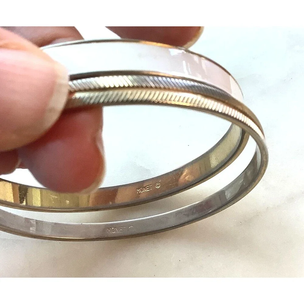 Monet Bangles Gold Tone Bracelets Stackable Set of 2 Herringbone White Enamel